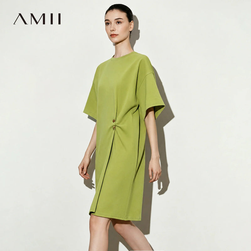 Amii 2026 Summer Womens Dresses New O Neck Drop Shoulder Short Sleeve Loose Dress Cotton Air Layer Casual Woman Clothes 12652040