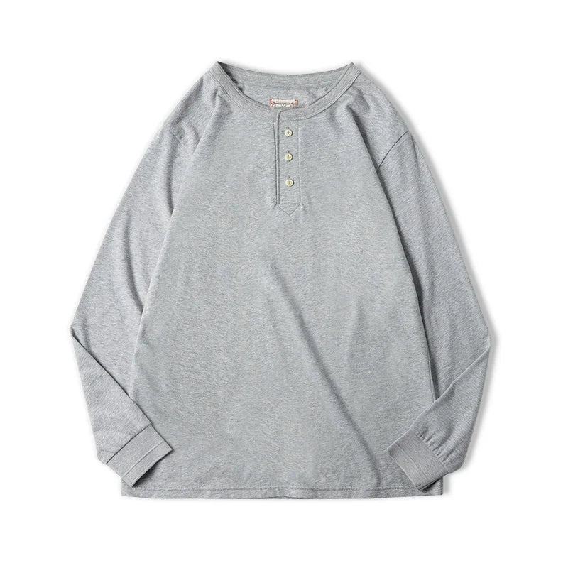Maden Long-sleeved Henley Shirt for Men Three-button Classic Design Round Collar Beige Basic T-shirts Male Autumn Thin Tees