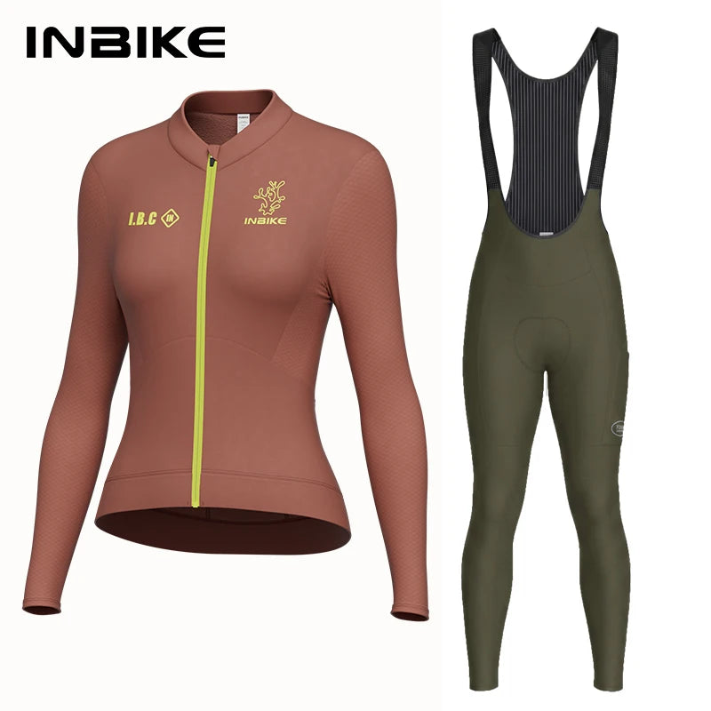 INBIKE Winter Fleece Cycling Jersey Set for Women Sleeve Thermal Top with Pockets Breathable High Waist Bib Pants Bike Clothing