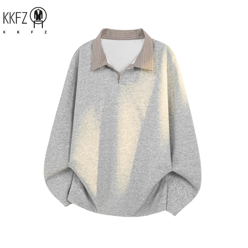 Male Loose Fit Knit Long Sleeve Polo Top Contrast Plaid Collar Airy Fabric For Office Commute And Leisure Occasions