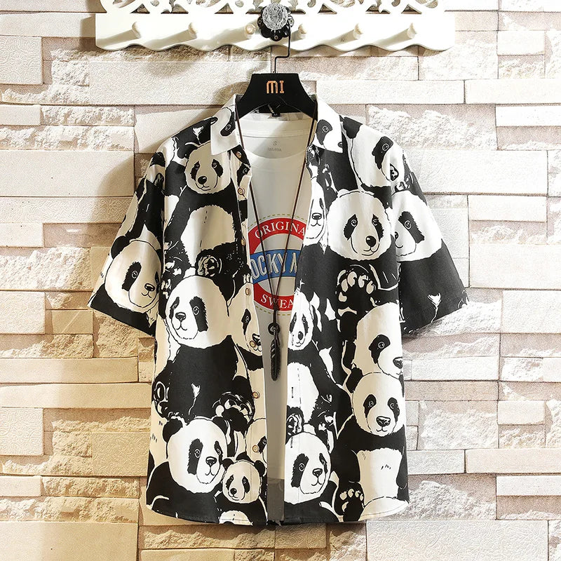 2026 Men's Blue Short-sleeved Shirt, Summer Cotton Shirts, White Yellow Single Breasted Lapel Top Chemise Giant Panda Pattern