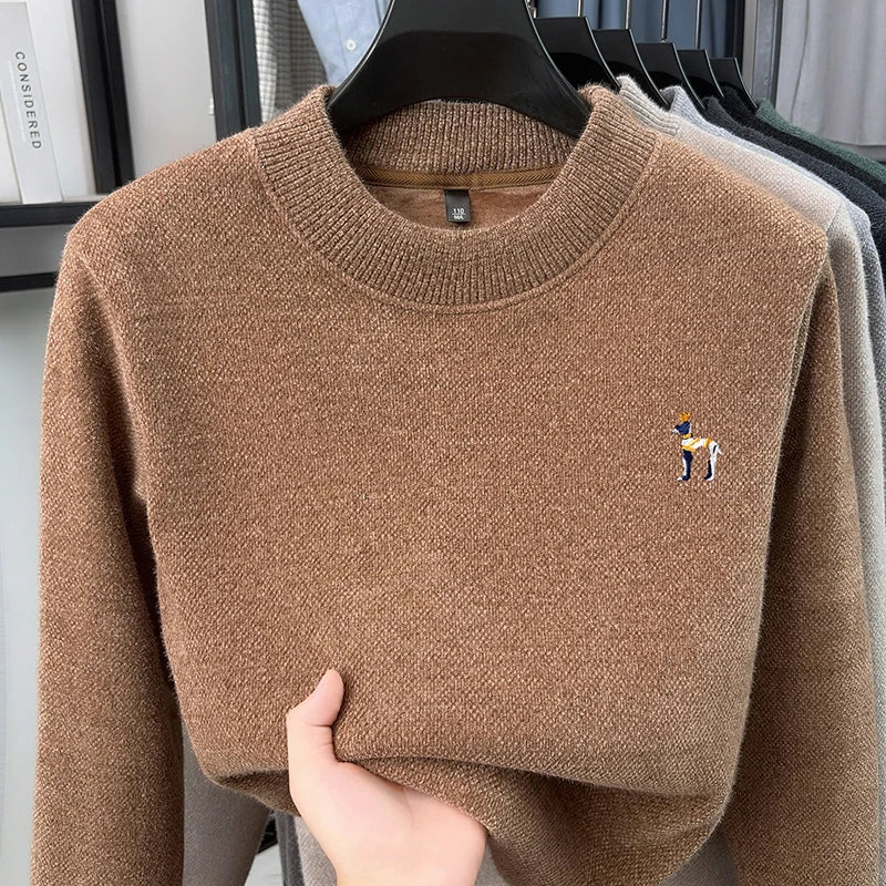 Man Long-Sleeve Knit Top Crew Neck Fleece-Lined Thickened Exquisite Embroidery Autumn Winter Leisure Keep Warm Men's Clothing