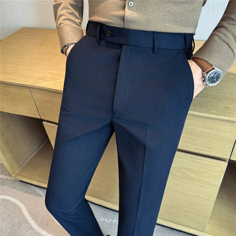 2026 Men's Slim Fit Striped Dress Pants Brown Formal Business Suit Trousers for Office And Wedding Wear High-Quality