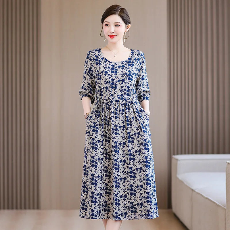 XL-5XL អាវយឺតកប្បាសសម្រាប់ម្តាយវ័យកណ្តាល រចនាបថថ្មី រ៉ូបសម្រាប់គេងរដូវក្តៅសម្រាប់ស្ត្រី រ៉ូបគេងរលុង
