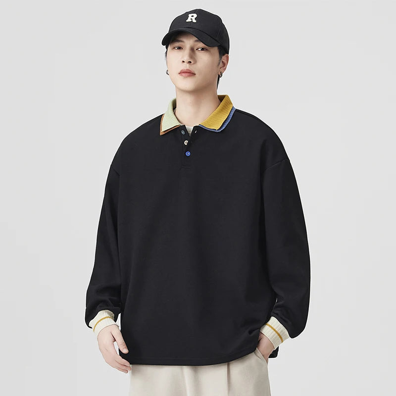DUKEEN Colorblock Collar Men's Sweatshirts 2025 Spring and Autumn New Fashion Design Relaxed Fit Men's Long Sleeve Polo Pullover