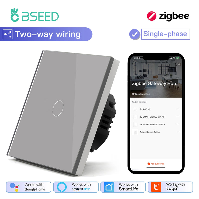 BSEED 1/2/3Gang Smart Zigbee Touch Light Switch 2-Way Control Compatible with Alexa/Google Home No Neutral Wire Touch Switch