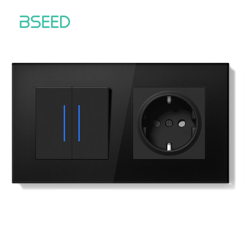 BSEED E Series Mechanical Wall Light Switch Button Switch 1/2Gang 1Way With Wall Socket Crystal Glass Panel Switch On Off 250V