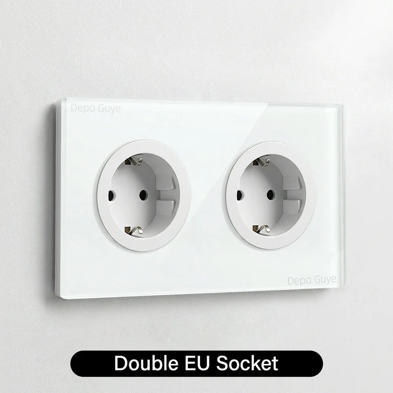 Wall Toggle Light Switch EU FR Standard White Glass Panel European Power Socket With Dual Type-c 20W Fast Charge Port Outlet