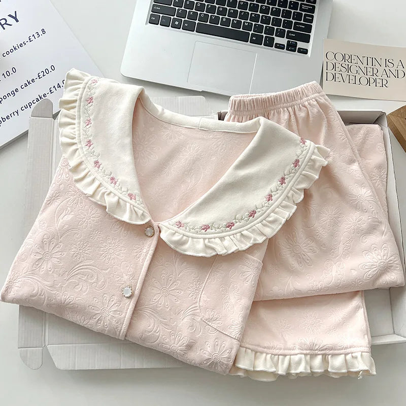 Casual Homewear Sprinmg Autumn Long Sleeve Trousers Ladies Pajamas Suit Lapel Top 2 Piece Set Sleepwear Women's Home Nightwear