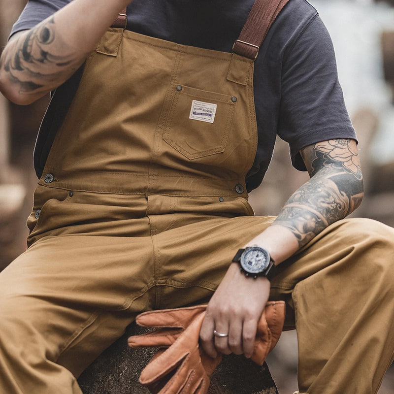 ខោ Maden Vintage Khaki Vintage Strap Pants Amekaji One Piece Pocket Straight Tube Sling Pants Men's Fashion