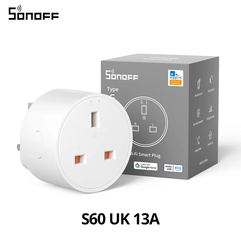 SONOFF S60 EU/UK iPlug Wi-Fi Smart Socket Overload Protection Timer Smart Scene Remote Control via eWeLink Alexa Google IFTTT