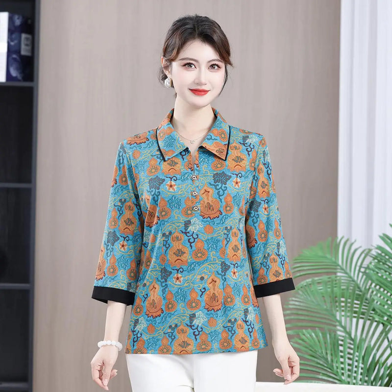 អាវយឺត Pullover ថ្មី កអាវបត់ចុះ បោះពុម្ពធរណីមាត្រ អាវបីភាគបួន រលុង