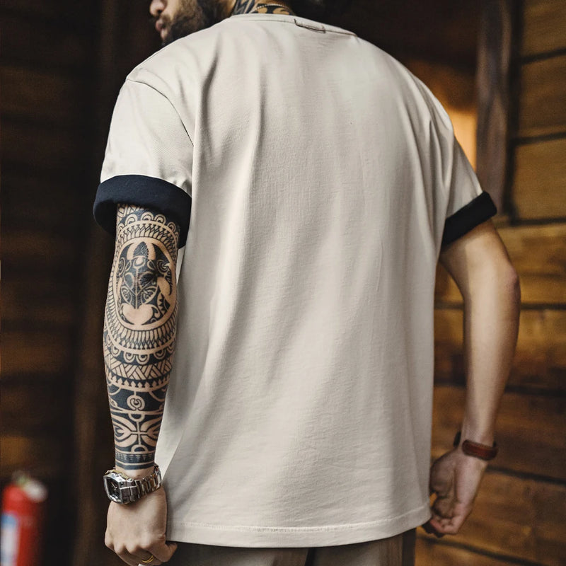 Maden Casual Printed Short Sleeve T-Shirt Men's Summer Loose Fit Heavyweight Cotton Ribbed Round Neck Tee  Versatile Street Tops