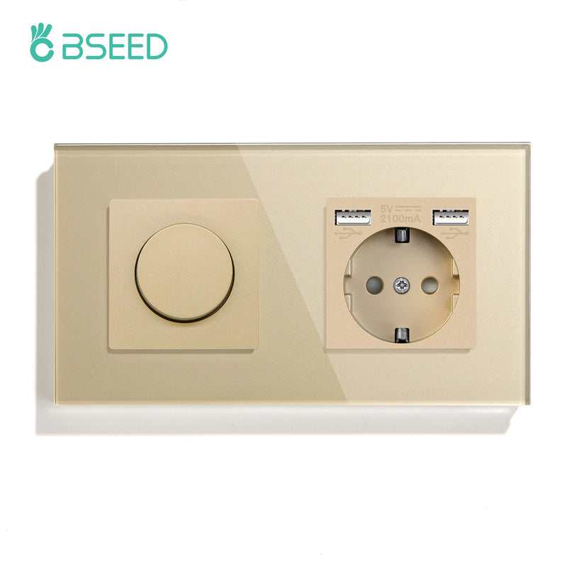 BSEED Mechanical Dimmer Light Switch Plus EU Socket USB Type-C Port Power Outlet Led Dimmable Switch Glass Frame 10A