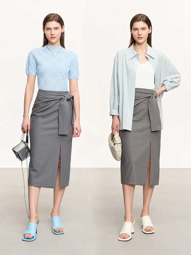 AMII Minimalist 2026 Autumn Skirts For Women New Temperament Tie Split Straight A-Line Solid Skirt Office Lady Clothing 12342411