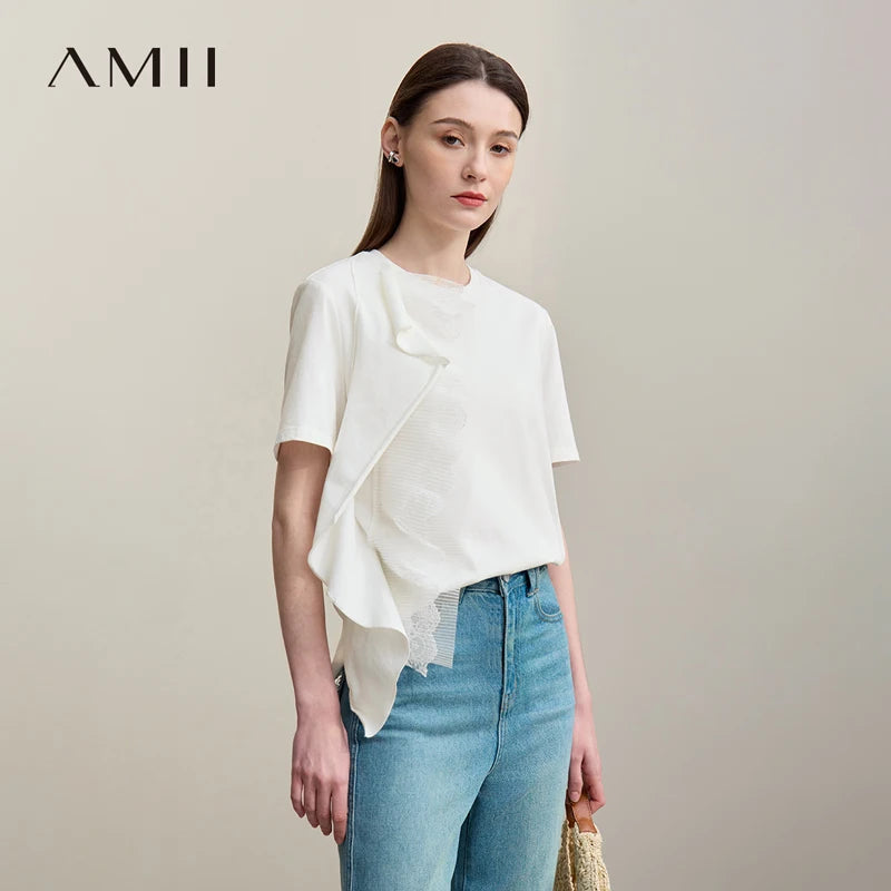អាវយឺត Amii សម្រាប់នារី រដូវក្តៅ ឆ្នាំ២០២៦ កមូលថ្មី អាវយឺតកប្បាស ដៃខ្លី តុបតែងដោយចរ អាវរលុង សម្រាប់នារី 12642012
