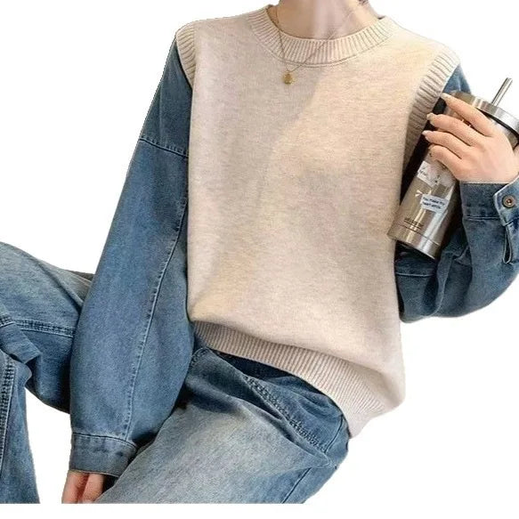 Autumn Winter New Lazy Sweater Knitted Denim Sleeve Splicing Fake Two-piece Women's Top Trendy Pullover Knitwear Clothes
