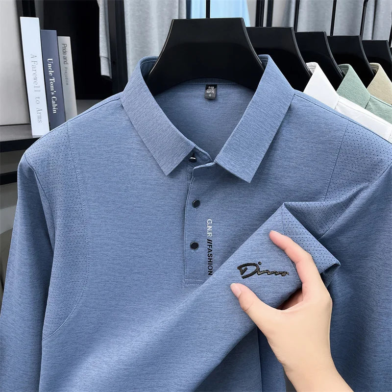 Luxury Men Long-Sleeve Polo Shirt Lapel Button Letter Print Breathable Autumn Winter New Leisure Sports Versatile Men's Clothing
