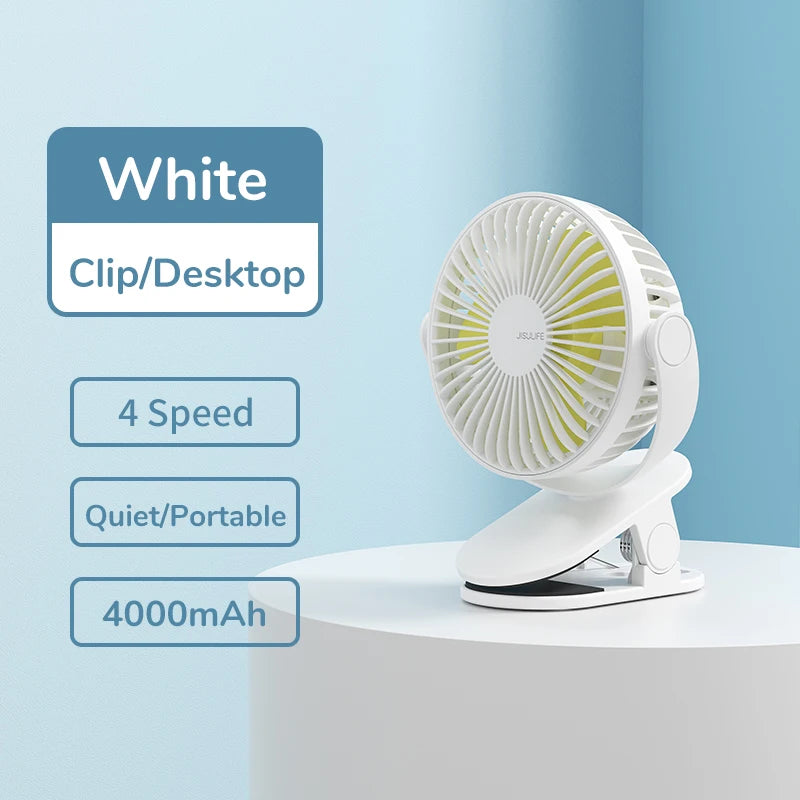 JISULIFE Clip Fan Mini Portable Stroller Fans with 4 Speeds Rechargeable Ultra Quite Battery Operated Fan for Home Office White