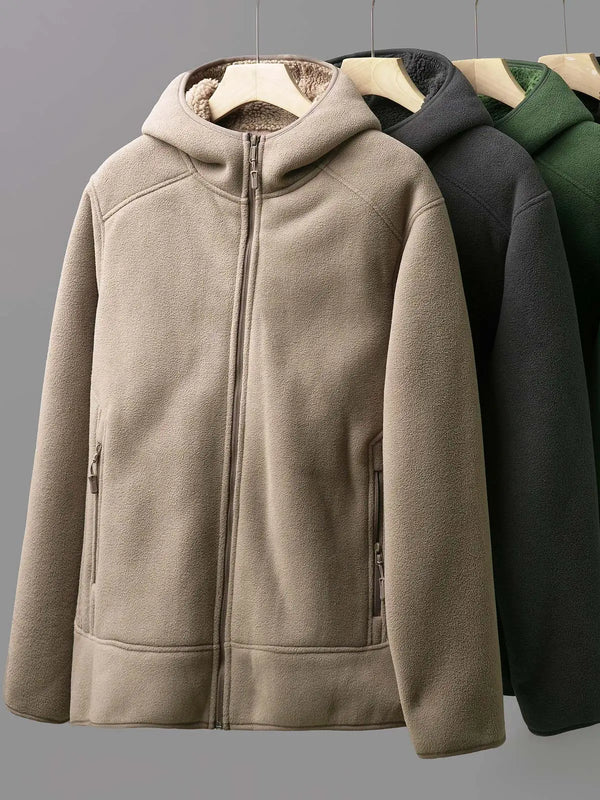 DUKEEN Men's Fleece Zip-Up Hooded Coats 2025 Autumn and Winter Solid Color Casual Thick Warm Hoodie for Men
