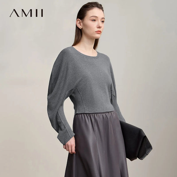 អាវយឺត AMII សម្រាប់នារី រដូវស្លឹកឈើជ្រុះ ឆ្នាំ២០២៦ ថ្មី សាមញ្ញ ពណ៌រឹង អាវប៉ាក់ទន់ កវែង អាវយឺតដៃវែង ខ្លី អាវធំ 12553083