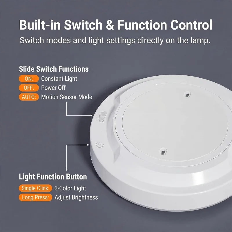 Rechargeable Radar Motion-sensing Ceiling Lamp with Remote,Wireless LEDLight No Wiring, Dimmable Always-on Mode for Shower Areas