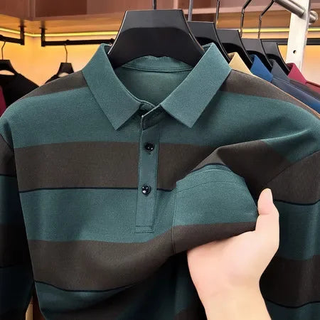 Mens Relaxed Lapel Polo Shirt Long Sleeve Horizontal Stripes Button Placket Casual Street Daily Fashion Outfit