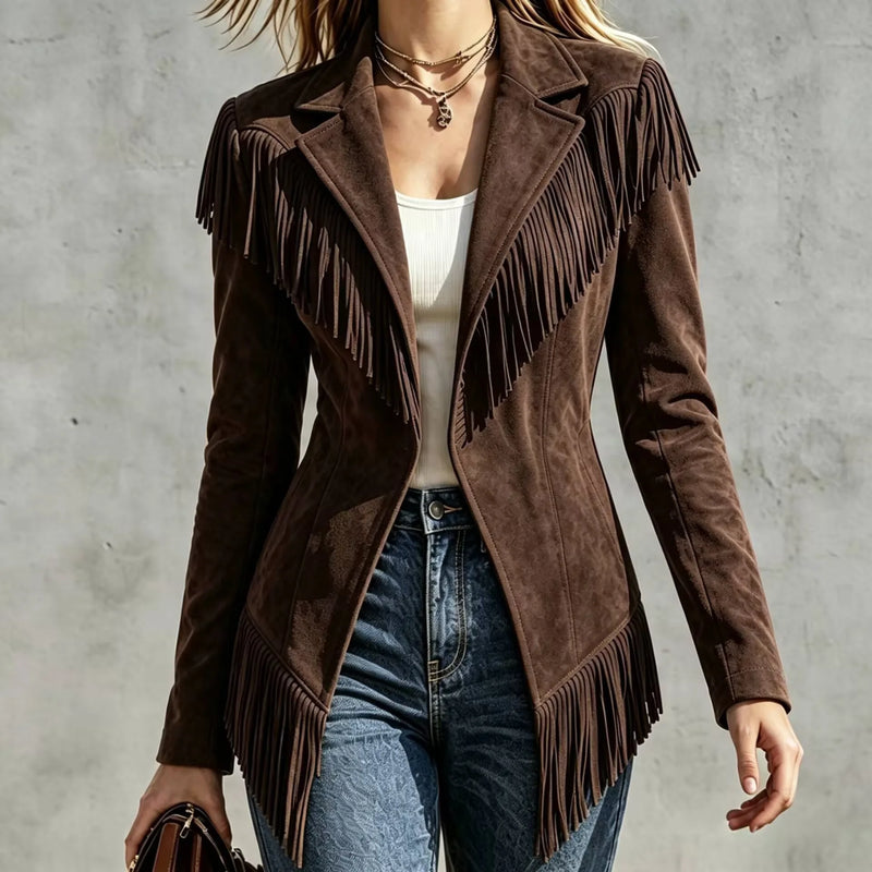 Lightweight Women's Long-sleeve Collared Jacket with Fringe Detailing; Available in Black, Red, Green, Khaki, Beige, Blue, Gray.