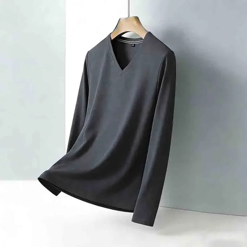 Men's Tan V-neck Long Sleeve Knit Top Classic Solid Color Everyday Outfit for All Ages
