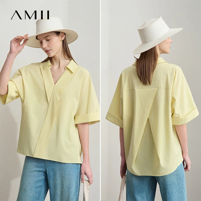 អាវ Amii Minimalist សម្រាប់ស្ត្រី ពណ៌រឹង ក V រចនាកអាវបត់ចុះក្រោម រលុង ស្ទីល Lyocell អាវ 12522053