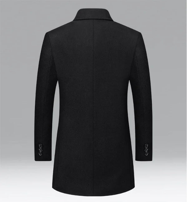 New Winter Men's Dark Gray Tweed Trench Coat—a Warm, Long Jacket with A Black Single-breasted Lapel.