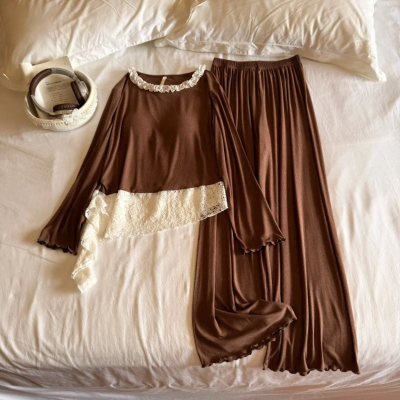 2 Piece Nighty Women's Pajamas Home Wear Chest Pads Pyjamas Autumn Long-Sleeve Top with Elastic Pants Nightwear Woman Sleepwear