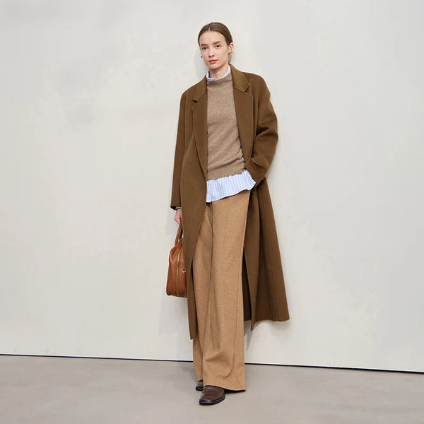 AMII Women's Woolen Coat 2026 Winter New Versatile Long Coats For Women With Belt 100% Wool Double-sided Tweed Jacket 12544044