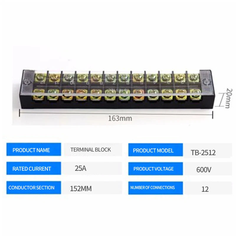15A/25A/45A 3/4/6/8/10/12 Dual Row Barrier Screw Terminal Block Strip Wire Connector 600V Positions Optional