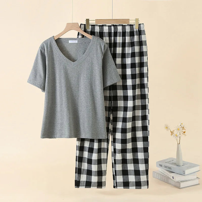 Summer Pajamas for Women V-neck Top and Trousers 2-piece Short Sleeve Homewear Set Women's Sleepwear Home Clothing Loungewear