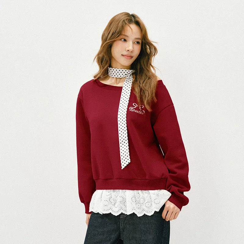 Semir Women Hoodie 2026 New Red One Shoulder Fake Two Piece Sexy Smart Casual Style Spring Holiday Tops