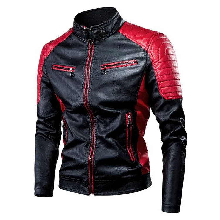 Autumn Men's Stand Collar Color-Block PU Jacket, Black Faux Leather Jackets, Spring Casual Coat. Asian Size Loose Fit Top.
