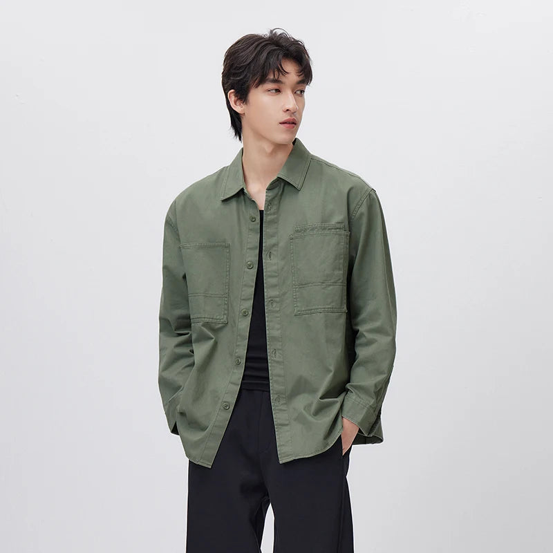 Semir Cargo Shirt Men Long Sleeve Cotton Twill Loose Lapel Fleece Casual Commute Daily Wear Spring Fashion Comfort Top