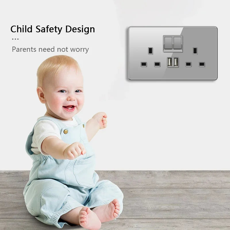 UK 13A Wall Socket with Type-C 18W Fast Charging Plug Socket,Glass Panel Power Double Universal Outlet with Quick USB C charge