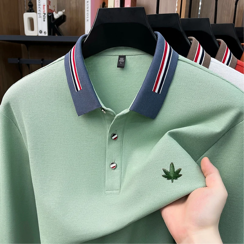 100% Cotton Man Long-Sleeved Polo Shirt Lapel Button Color Blocking Leaf Embroidery Autumn New Polo Shirt Leisure Men's Clothing