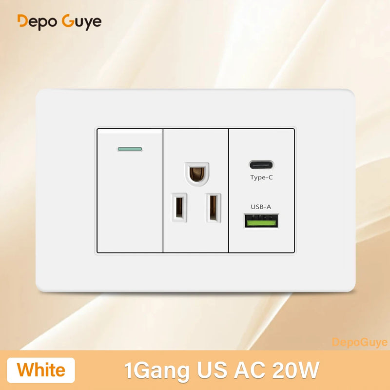 Italy Chile Mexico USB Smart Type-c 20W Fast Charging Wall Outlet plug,Brazil Electric Light Switch Panel Universal usb c Socket