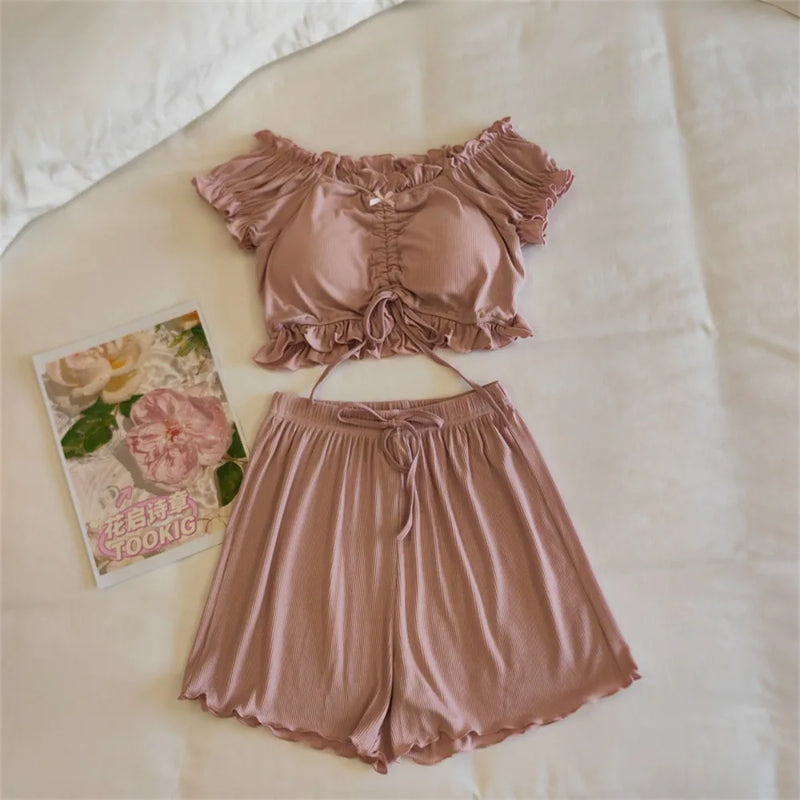 Summer Woman Pajamas Shorts Nightwear Chest Pads Pijama 2 Piece Sets Sleepwear Women's Pajamas Home Suit Pyjamas Female Clothing