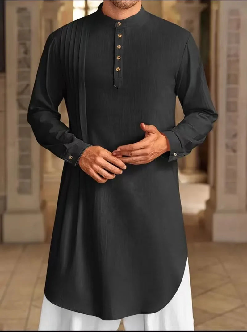 2026 Summer New Style Men's Long Cotton Shirt, Middle Eastern Arab Muslim Robe, Available in White, Black, Blue and Green.