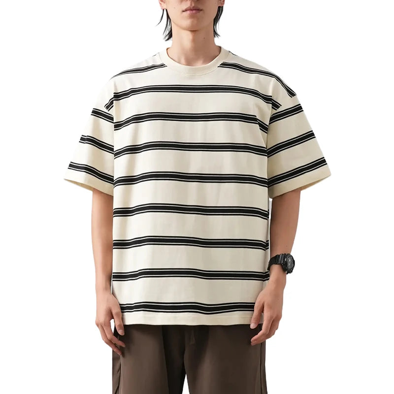 DUKEEN 320G Heavyweight Striped T Shirt for Men Summer Fashion 100% Cotton Crew Neck Short Sleeve Tees Couple Clothing Oversize