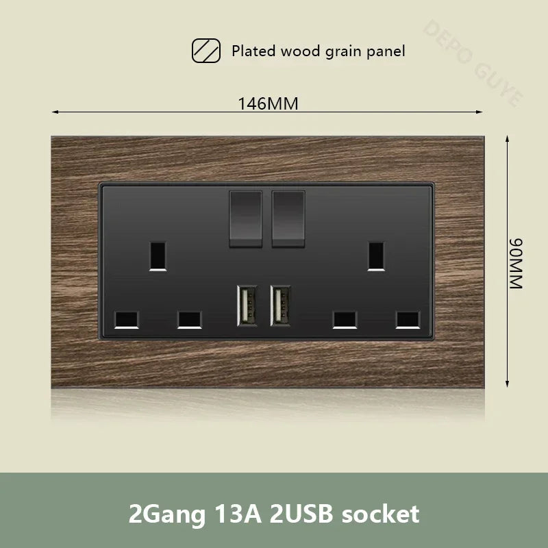 UK 18W Type-C Quick charge Dual Power Outlet,Universal Retro Wood Grain Electrical USB Socket,220V Electrical  Wall Light Switch