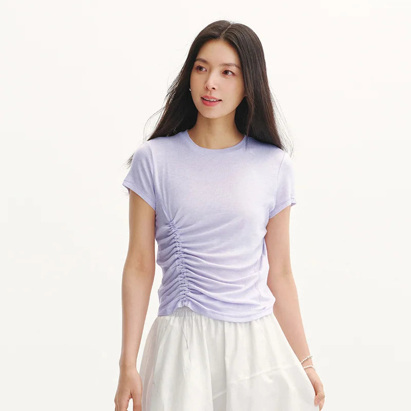 Semir Womens Tshirt 2026 Short Style Drawstring Ruched Solid Slim Crew Neck Gentle Style Casual