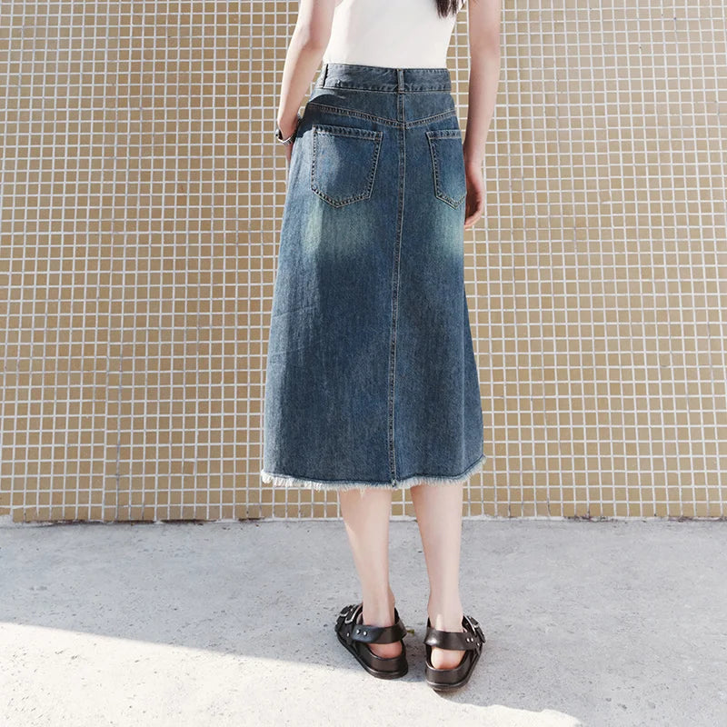 Semir Women Skirt HighWaist Slit Frayed Vintage Washed Straight Denim Long 2026 Trendy Street Daily Fashion Wear