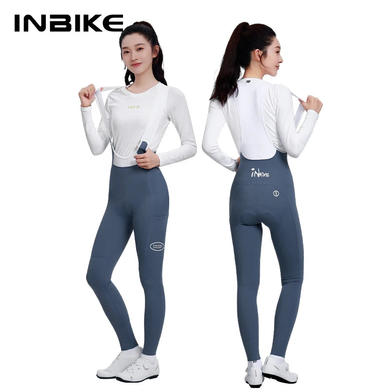 INBIKE Spring Women's Biking Bib Pants High Waist Road Cycling Pants Long with Padded Cushion for Long Riding Road Bike Toursers