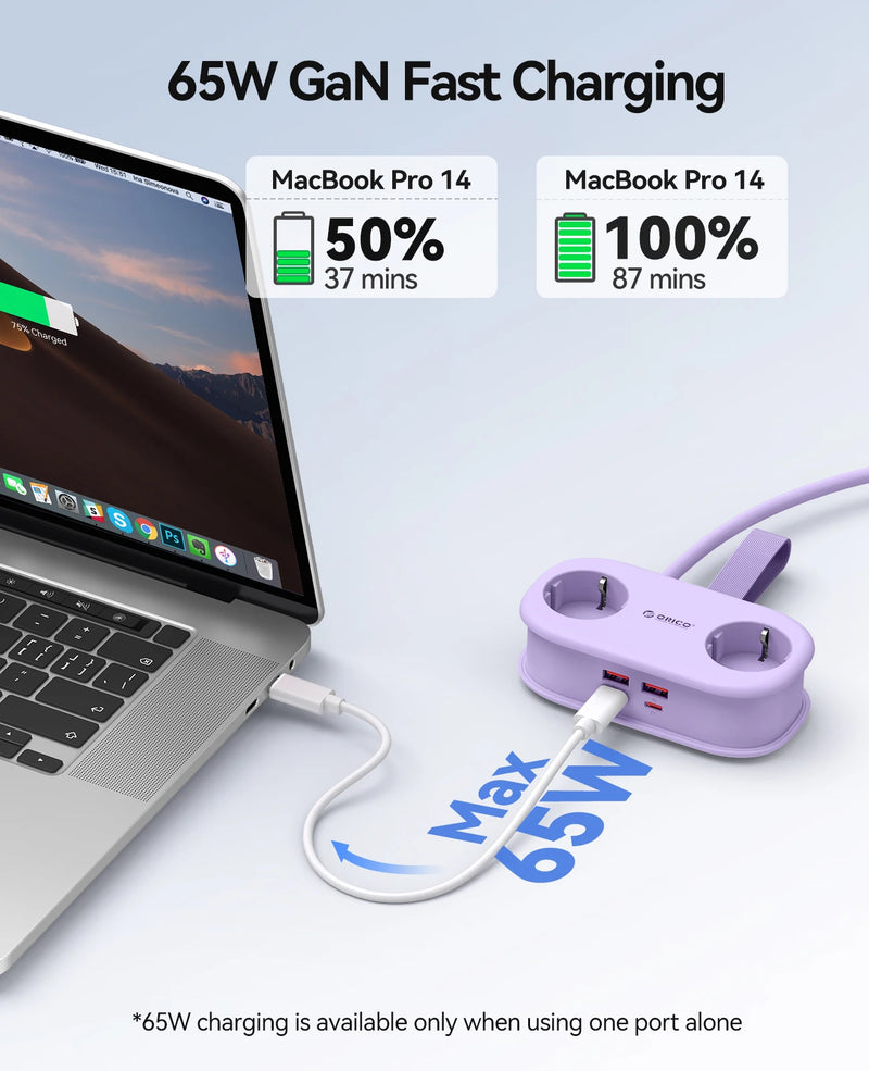 ORICO Cable-Wrap Portable Travel Power Strip 65W GaN Fast Charging Station with 2 AC Outlets 2 USB 2 Type-C EU Plug Adapter Home