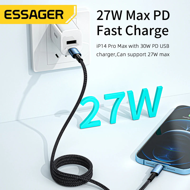 ខ្សែសាក Essager 27W USB C សម្រាប់ iPhone 14 13 12 11 Pro Max XS 20W ខ្សែសាកលឿន Type C ទៅខ្សែភ្លើងកាលបរិច្ឆេទសម្រាប់ iPad Macbook